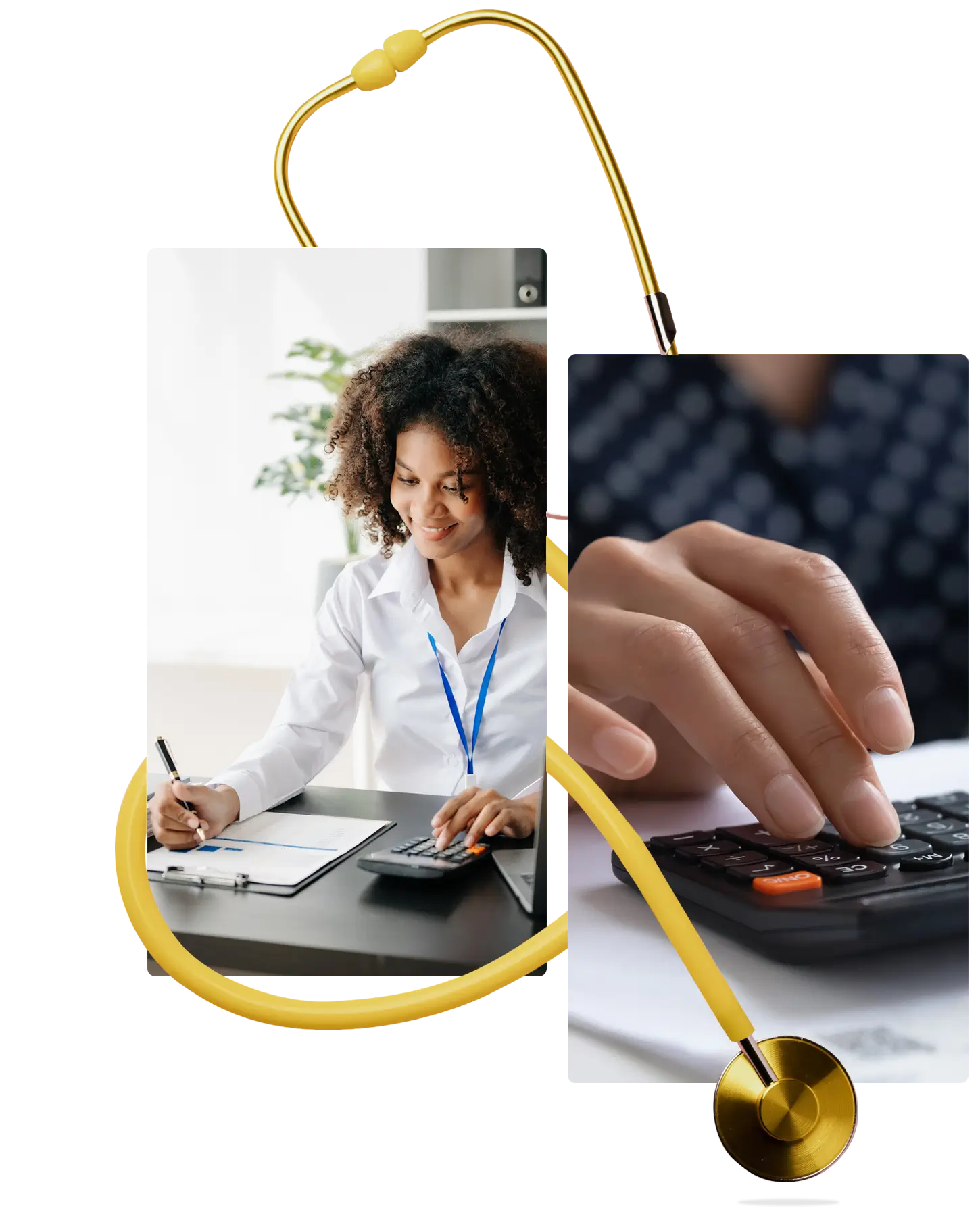 Medical billing collage with calculator and stethoscope
